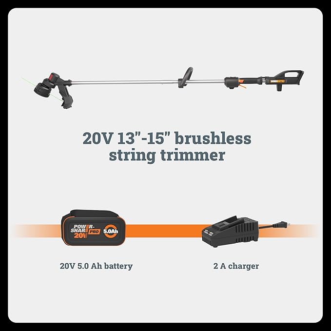 WORX Cordless String Trimmer, 20V 13''-15'' Weed Wracker with Brushless Motor 2.0, 21 cc Gas Equivalent, Quick-Line Reloading, Includes 20V 5.0 Ah PowerShare Pro Battery and Charger, PowerShare