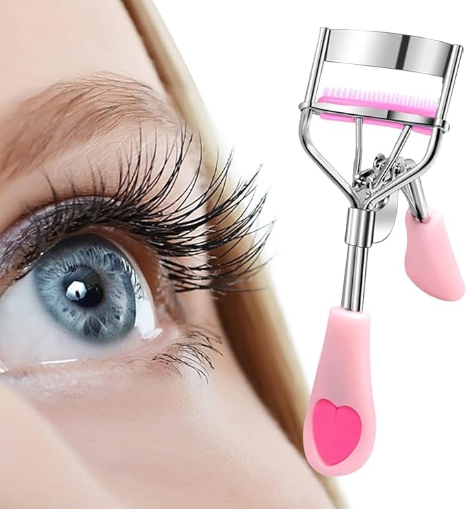 Stainless Steel Eyelash Curler with Built-in Comb Pinch Pain-Free Suitable for Any Eye Shapes and Sizes, with 5 Silicone Refill Pads (Light Pink)