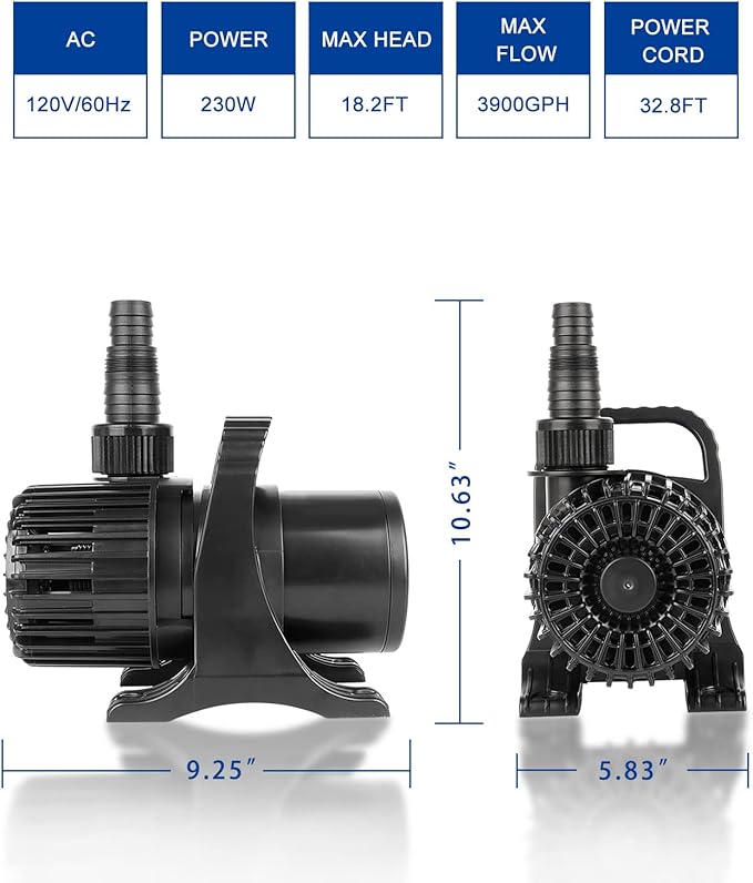 OYO WATER Outdoor Large 3900gph-230W 32.8FT Pond Water-fall & Kio Fish Fountain-s &Garden Pump Submersible IPX8: Long 32.8FT Cord Smart-er & Quieter Duck & Yard &Patio Ponds Pumps, 1 Barrier Pump Bag