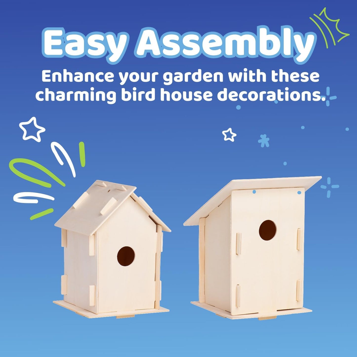 Neliblu DIY 12 Wooden Bird House Kits - Creative Arts and Crafts Set for Kids and Adults - Unfinished Wood Birdhouses with Paint Strips, Brushes, Stickers and Strings - 3 Unique Shapes, 2 Sizes