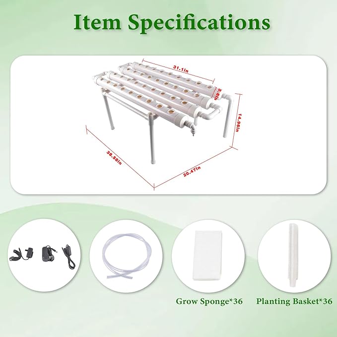 Hydroponic Grow Kit, 1 Layer 36 Plant Sites 4 Food-Grade PVC-U Pipes Hydroponics Planting System with Water Pump, Pump Timer, Nest Basket and Sponge for Leafy Vegetables