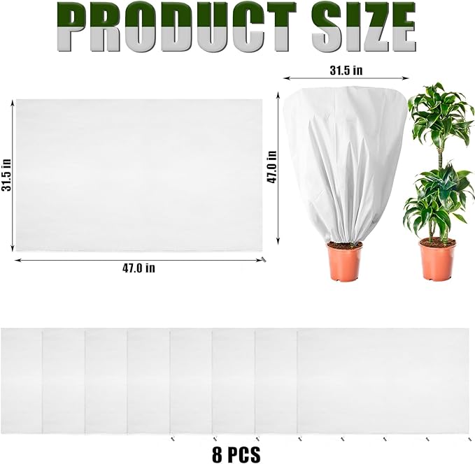 8 Pcs Plant Covers Frost Protection Bag 47" x 31.5" Winter Reusable Plants Jacket with Drawstring Shrub Protection Wraps Bags Frost Blanket for Winter Outdoor Garden Plants