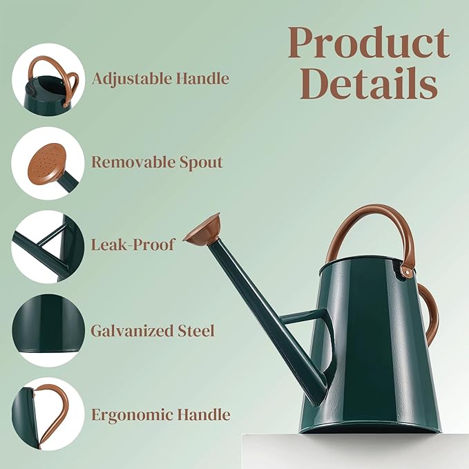 Metal Watering Can with Removable Spout, 1.5 Gallon Large Watering Cans for Plants, Galvanized Steel Gardening Water Can for Indoor & Outdoor Use, Watering Pot with Ergonomic Movable Handle(Green)