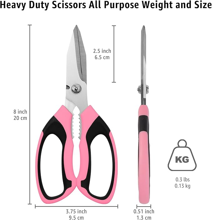 8-Inch Heavy Duty Utility Scissors All Purpose, Serrated Blade, Pink Comfort Grip for Cutting Carpet, Cardboard, Leather, Fabric, Multipurpose Sharp Shears for Kitchen, Garden, Office, Carft