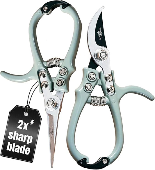 Modern Sprout Hand Pruners & Shears Set with Blister Pack - Lightweight Gardening Tools with Easy Lock - Sharp Carbon Steel Blades -Rust Resistant Scissors for Herbs, Flowers - Sage