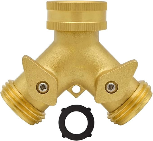 HYDRO MASTER Heavy Duty Brass 2 Way Y Splitter Garden Hose with Comfortable Grip Shut Off Valves, Adapter for Water Tap, Outlet, & Spigot, Includes Extra Rubber Washers