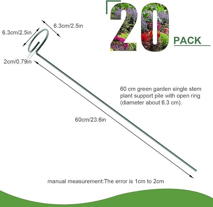 HiGift 20 Pack 24 Inch Plant Support Stakes, Single Stem Flower Support Stakes and Rings for The Garden, Metal Garden Stakes for Tall Plant Vegetables Amaryllis Orchid Lily Sunflower Rose Narcissus