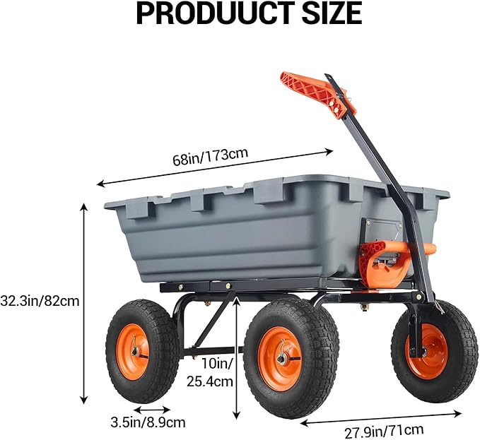 Generic Heavy Duty Garden Dump Cart, 800 Lbs Capacity Poly Utility Cart with 10in Pneumatic Tires & Rotating Handle for Yard, Garden, Lawn