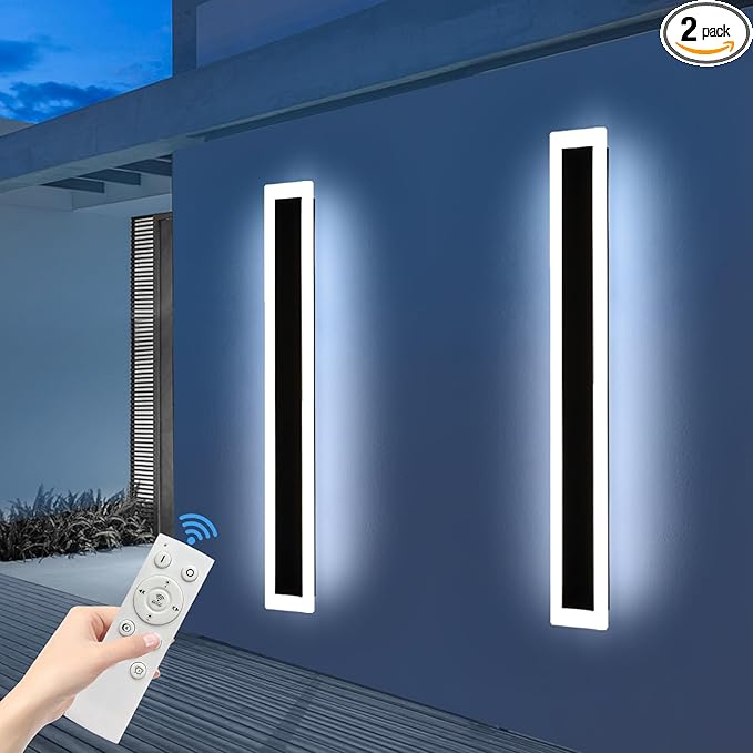 Upgrade Widened 2 Pack 57inch Long Modern Outdoor Wall Light, Dimmable 3000K-6000K, IP65 Waterproof Exterior Wall Sconces, 50W, Black LED Wall Mount Light for Home, Yard, Garden with Remote Control