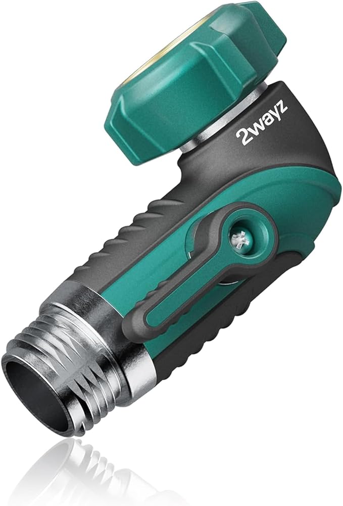 2WAYZ 90 Degree Hose Elbow Adapter - Heavy Duty Full Metal Body Garden Hose Shut Off Valve - 3/4-Inch Inlet and Outlet Angle Connector for RV, Waterhose Elbow - 2.3x2.3x4.1-Inch (Green and Black)