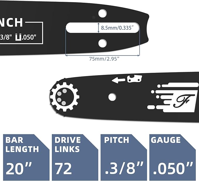 20 Inch Chainsaw Bar & Chain Combo for Husqvarna 20" 72 Drive Links 3/8" Pitch .050" Gauge Fits Husqvarna 455 Rancher 555 Rancher 570 576XP 257 365 372XP, Poulan PP5020AV PR5020 (3 Chains+ 1Bar)