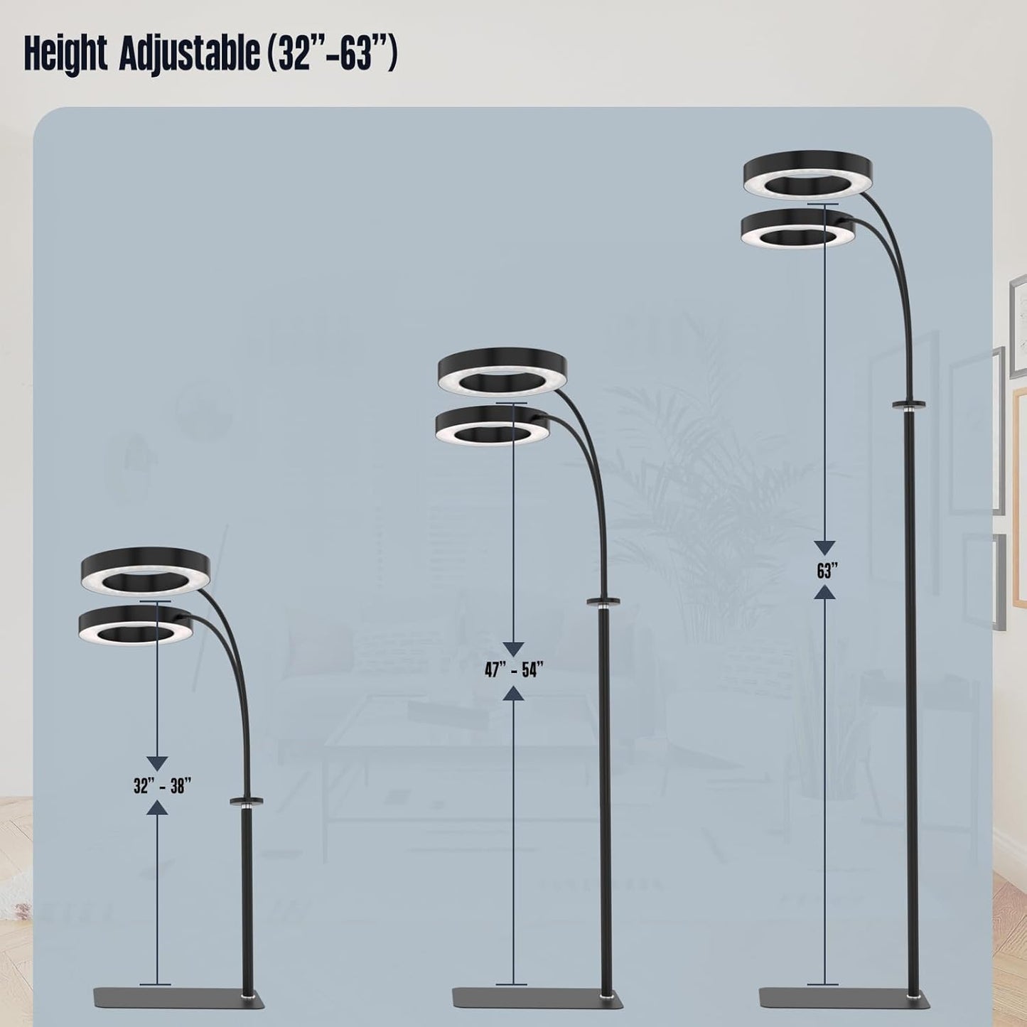 GLOWRIUM Grow Lights for Indoor Plants, 36W Full Spectrum 2-Head LED Plant Light with Stand, Adjustable Height, 3/9/12H Timer, 6 Dimmable Levels & 3 Lighting Modes(Black-Double Head)
