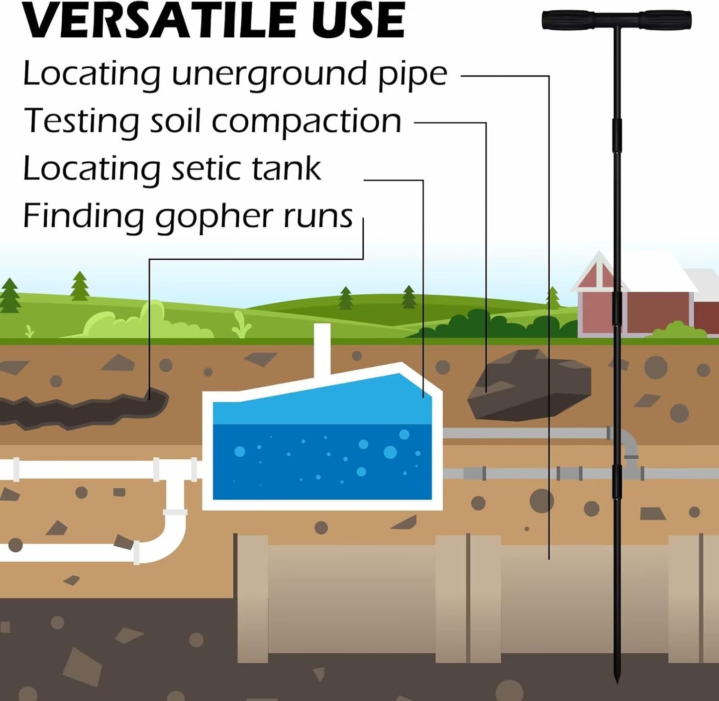 Sfcddtlg 64 Inch Metal Ground Soil Probe Rod - Adjustable Soil Sample Probe - T-Handle Septic Tank Locator for Tile Probing, Soil Compaction, Locating Underground Pipes, Landscaping, Gardening