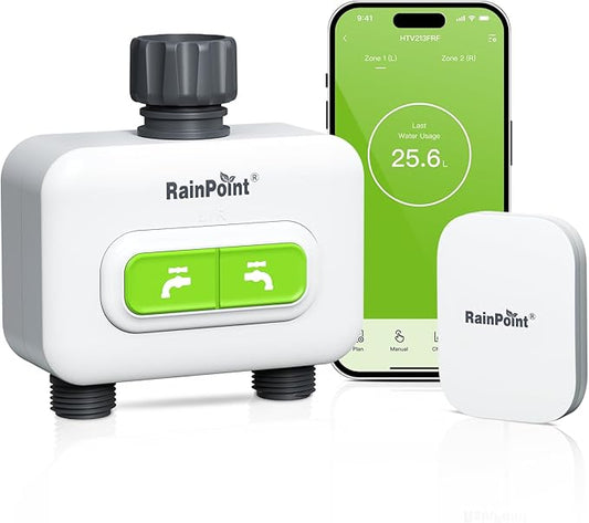 RainPoint 2-zone Wireless Smart Water Timer with Hub for Outdoor Irrigation Rain Delay, APP Remote Control WiFi Watering Timer for Garden Faucet with 2 Outlets Automatic Schedules for Lawn,Garden,Yard