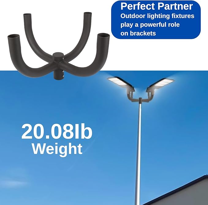 Bullhorn Tenon Adapter Bracket, with 2-3/8" 4 Arm for Round Pole 90 Degree Quad Mounting Bracket for Slip Fitter Fixture Parking Lot Light Pole Street Area Mount (Sturdy Durable Heavy Duty)