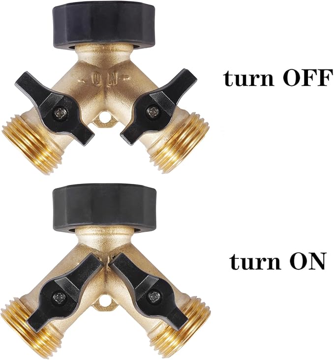 Garden Hose Splitter 2 Way Heavy Duty, Brass Hose Y Splitter with Shutoff Valve, Easy Grip Handle, Water Spigot Outdoor Faucet Splitter Y Adapter with 2 Extra Rubber Washers