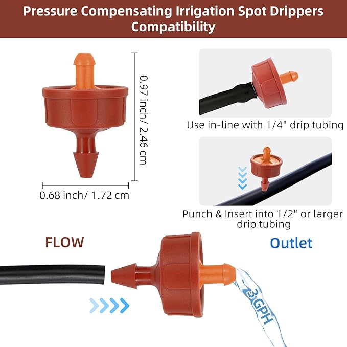 30PCS 3 GPH Pressure Compensating Drip Irrigation Spot Watering Drippers/Emitters, Self-Cleaning Constant Flow Drip Irrigation Emitters Heads Irrigation Drippers Parts for Drip Irrigation System