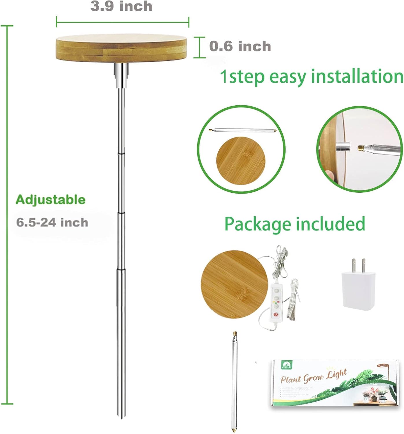 yadoker Plant Grow Light for Indoor Plant,Bamboo Mini LED Grow Light Garden,Height Adjustable,Automatic Timer with 8/12/16 Hours