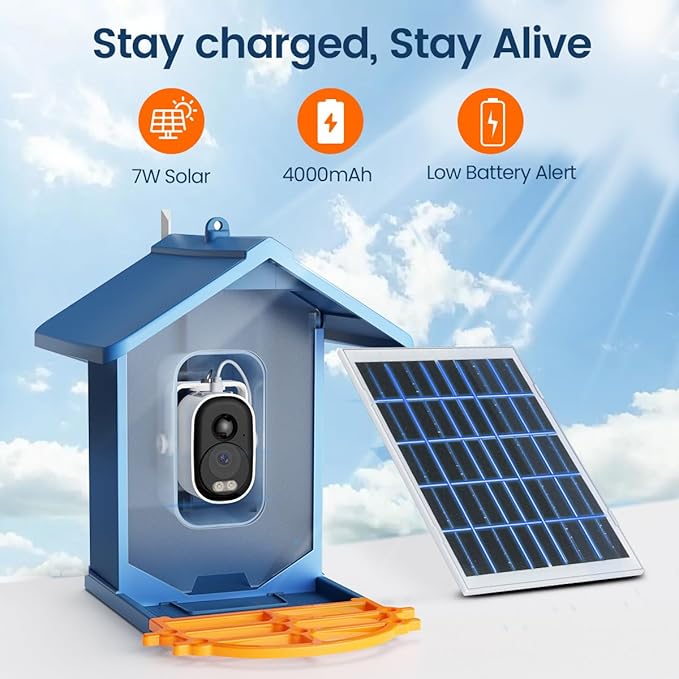 Bird Feeder with Camera 2.5K HD Live Video, AI Bird Identifier, 5MP Photos, 7W Solar Powered & 4000mAh Battery for Wall/Mount/Hang (Blue)