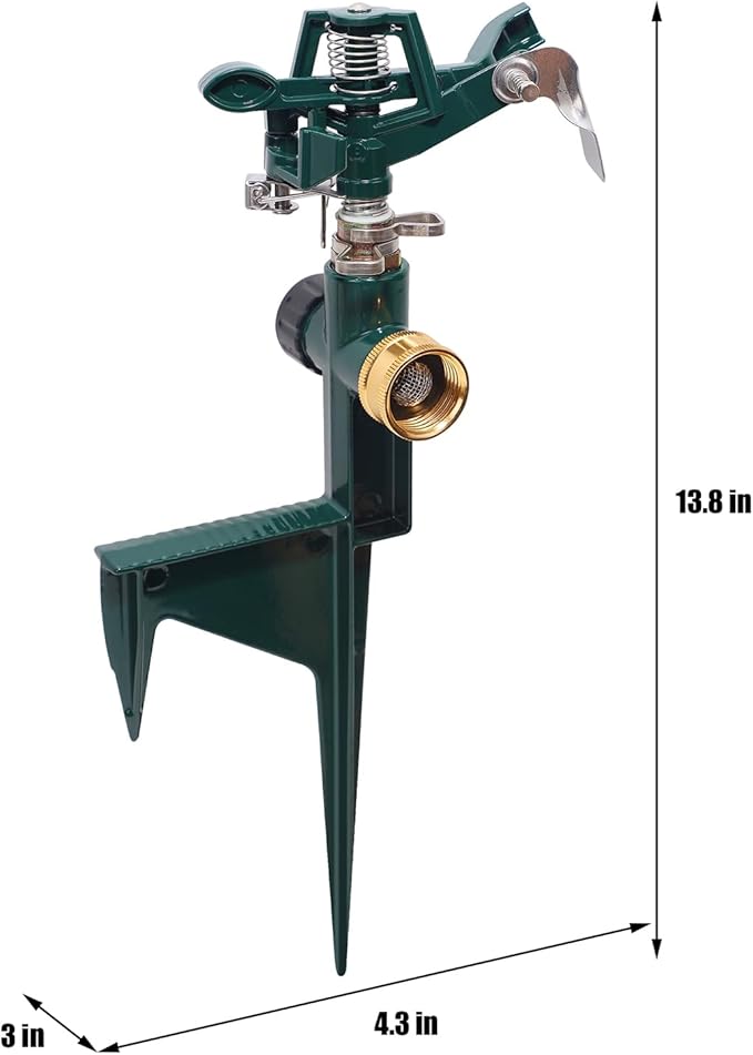 Biswing 2 Pack Impact Sprinkler Head on Metal Step Spike, Heavy Duty Zinc Alloy Lawn Sprinkler, Adjustable Coverage Nozzle on Sturdy Spike Base, 360 Degree Large Area Irrigation, Green