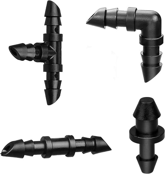 JAYEE Irrigation Fittings Kit for 1/4" Tubing 110 Piece Set - 50 Couplings,30 Tees, 20 Elbows, 10 End Plugs - Barbed Connectors for Drip or Sprinkler Systems