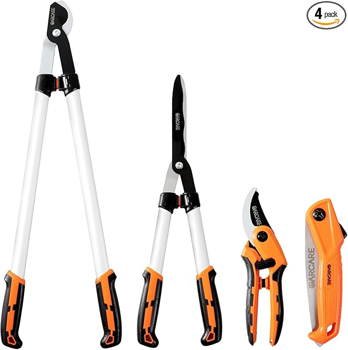 GARCARE 4 IN 1 Garden Shears Pruning Set with Bypass Pruning Shears Compound Lopper and Hedge Shears and Folding Saw with Carbon Steel Sharp Blades