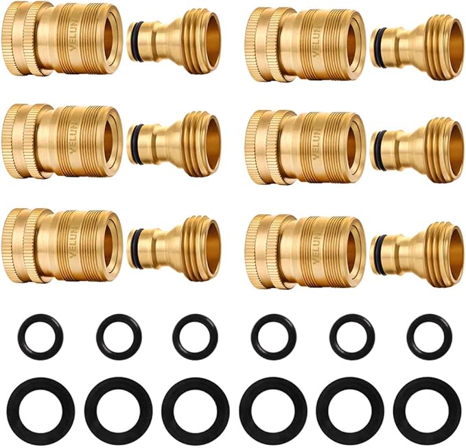 Garden Hose Quick Connect Solid Brass 3/4 inch GHT Internal Thread Quick Connector Fittings No-Leak Water Hose Female Quick Connector and Male product adapters (6 SETS)