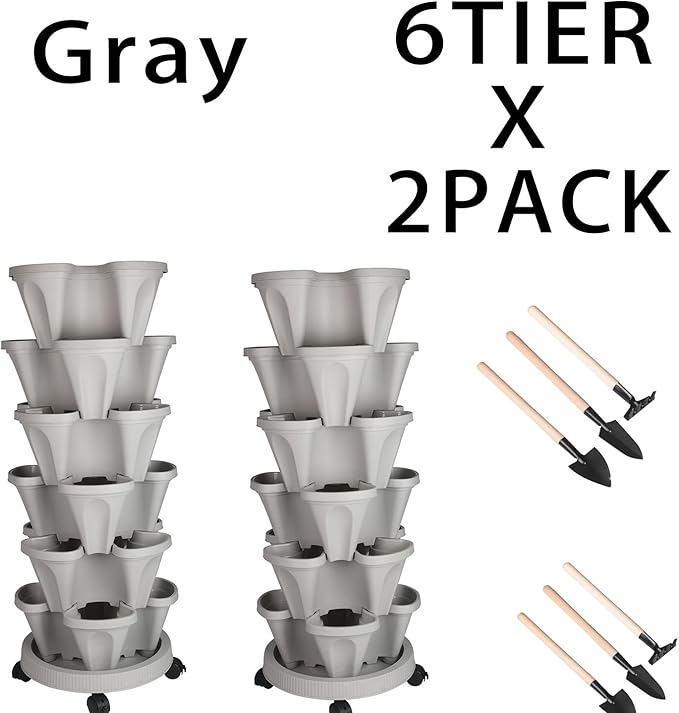 Vertical Planter 6 Tier Stackable Planters Garden Planters Strawberry Herb Flower and Vegetable Planter Indoor Outdoor Gardening Pots with Removable Wheels and Tools 2-Pack