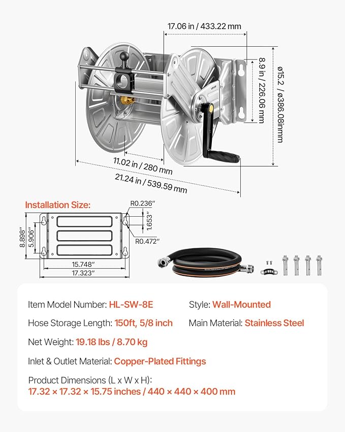 VEVOR Stainless Steel Garden Hose Reel Wall/Floor Mounted, Heavy Duty Manual Hose Winder Holds 150 ft 5/8 in Water Hoses, Outdoor Reel with Brass Fittings & 5 ft Leader Hose for Lawn, Yard, Garage