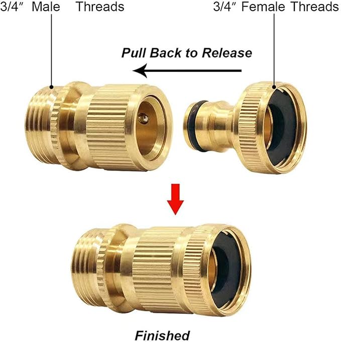 Garden Hose Quick Connector, Solid Brass 3/4 inch GHT Thread No-Leak Water Hose Fittings for Quick Connect and Release, Male and Female Garden Hose Adapter (2 Pack)