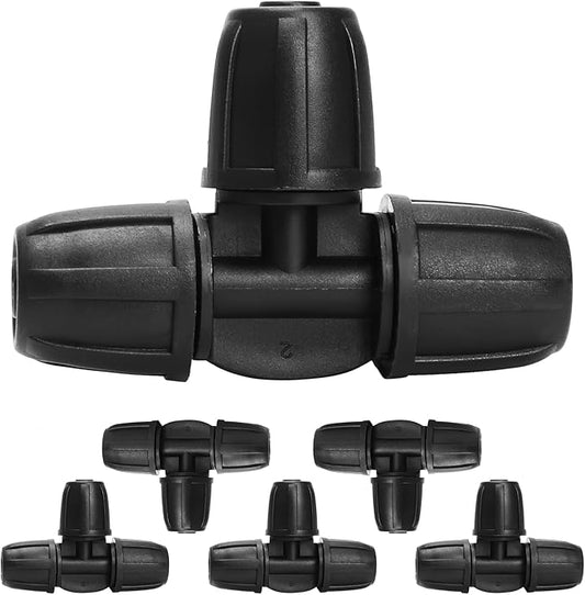 Bonviee 6 Pack 5/16 Inch Drip Irrigation Tee Connectors, Barbed Lock Fittings for 1/2” Tubing, Leak-Proof 3-Way Coupler for Garden Hose, Drip System Repair & Extension
