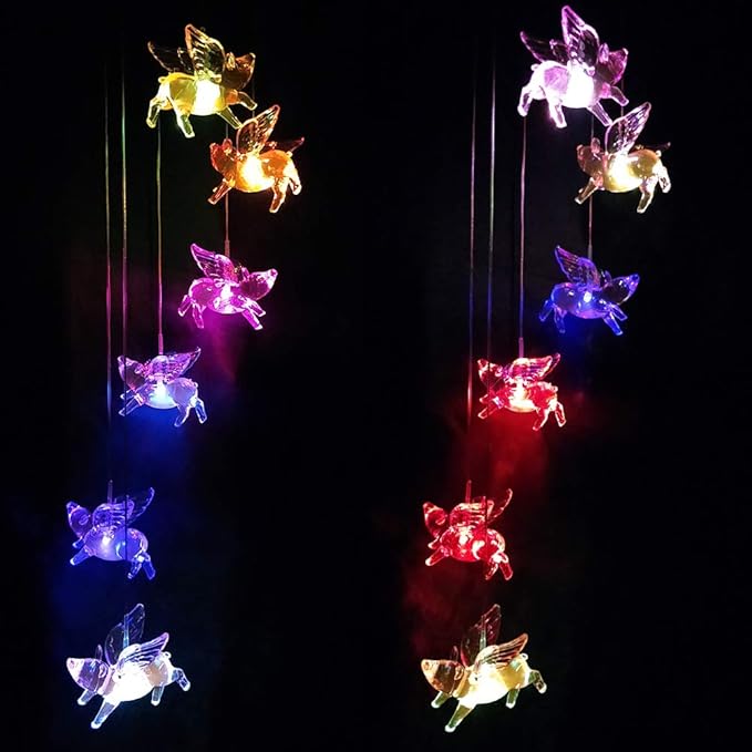 Solar Flying Pigs Wind Chimes Outdoor - Waterproof Solar Powered LED Changing Light Color Fly Pigs Mobile Romantic Wind-Bell for Home,Balcony,Party,Festival,Night Garden Decoration(Blackboard)