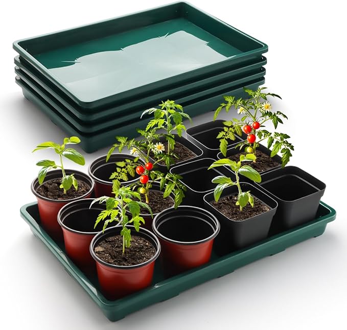 5 Pack Seed Starter Trays (17"x11"x2"), Plastic Flat Nursery Pots Trays, Durable Carrying Seedling Starter Tray, Reusable Tray for Planting and Collecting Drainage Water (Green)
