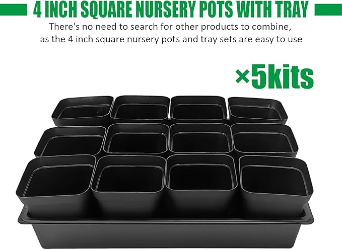 4 inch (10CM) Square Nursery Pots 60pcs, Sturdy Seedlings Trays 5 Pcs, Seeds Starter Germination Tray, Microgreening Planter Nursery Propagation 5 Sets