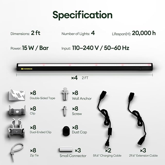 Plant Grow Lights 2FT, Red-Enhanced Full Spectrum 5000K, 60W(4 x 15W), T5 LED Grow Light Strips for Leafy Greens and Vegetables, High PPFD, Linkable, Black, 4-Pack