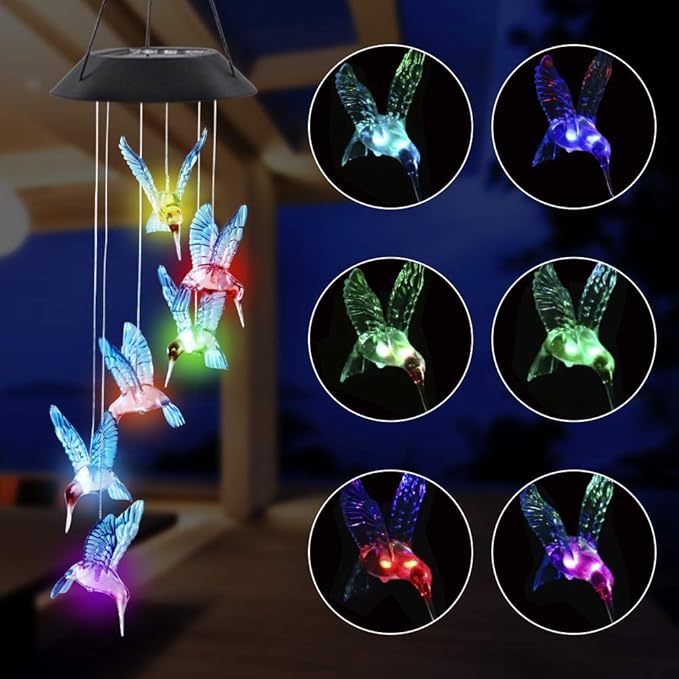MorTime LED Solar Hummingbird Wind Chime, 25" Outdoor Hanging Wind Chime for Patio Lawn Garden Decorations, Automatic Light Changing Color (Blue Hummingbird)