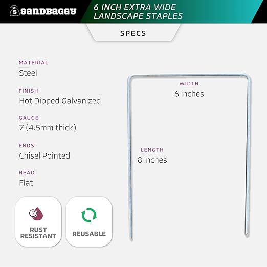 Sandbaggy 6" Wide Landscape Staples - Extra Heavy Duty: 7 Gauge Galvanized Steel - Hold Down Pipes, Landscape Fabric, Ground Cover, Erosion Control Netting, Sod, & Turf (300, 6" W x 8" L)