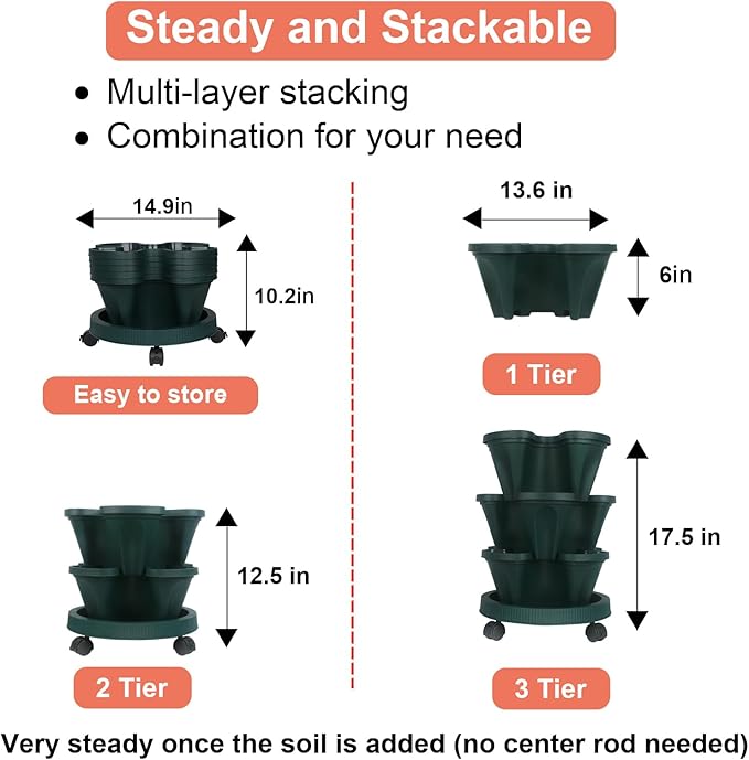 Vertical Planter 3 Tier Stackable Planters Garden Planters Strawberry Herb Flower and Vegetable Planter Indoor Outdoor Gardening Pots with Removable Wheels and Tools 2-Pack