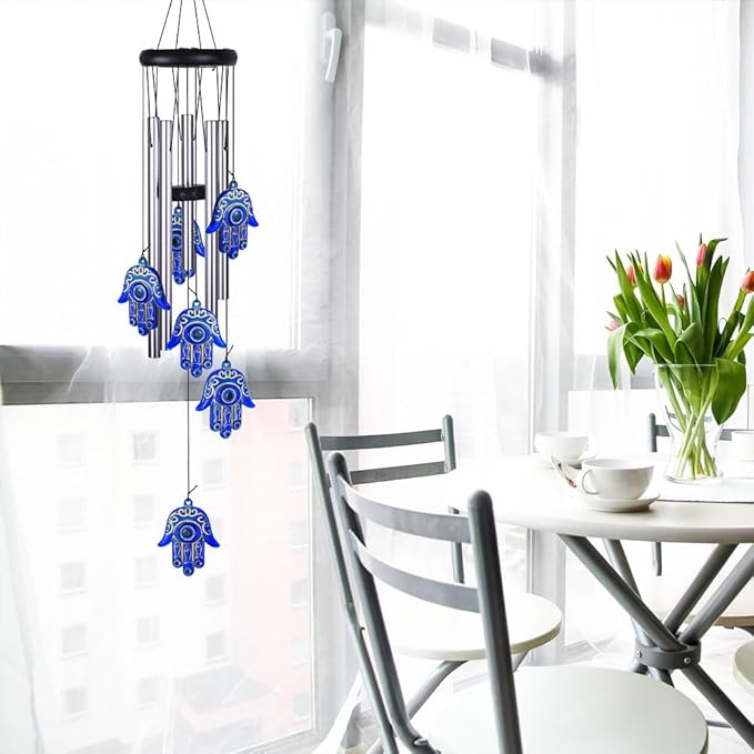 Blue Evil Eye Hamsa Hand Wind Chimes Outdoor Decoration, Hand of Fatima Windcatcher, Evil Eye Wind Bells, Hand of Fatima Blue Evil Eye Amulet Wind Chimes for Home, Gift for Mom, Balcony, Patio, Garden