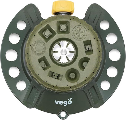 Vego Turret Pattern Sprinkler, 9-Pattern, Heavy-Duty Metal Base, Up to 1115 sq. ft Coverage