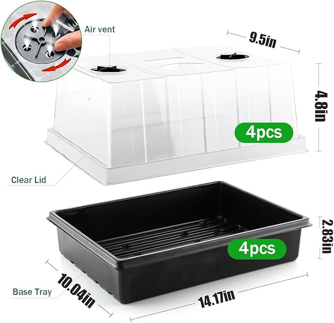 4-Pack Seed Starter Trays with 5'' Tall Humidity Domes – Reusable Plant Germination Kit for Microgreens, Herbs & Indoor Gardening | Clear Vented Lids, Fast Seedling Growth & Durable Design
