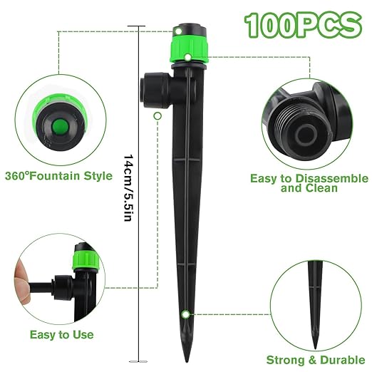 100PCS Drip Irrigation Emitters, Kalolary Adjustable 360 Degree Water Flow Drippers Emitters for 1/4" Drip Irrigation System Tubing, Garden Irrigation Drippers for House Flower beds(Medium Green)