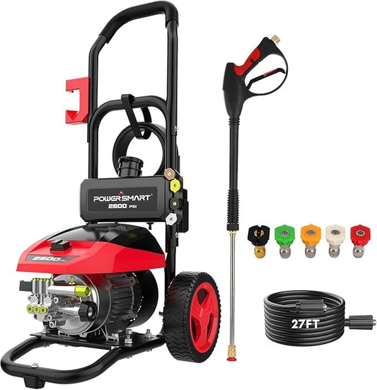 PowerSmart 2600 PSI Electric Pressure Washer with Induction Brushless Motor, 1.2 GPM High Pressure Cleaner, 5 Nozzles, 8” Wheels, Detergent Tank, for Car, Patio, Fence, Driveway Cleaning