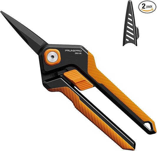 PrunePro Garden Scissors Pruning Shears Sharp Stainless Steel Non-Stick Teflon Coating Blade for Precise Cuts Garden Snip Bonsai Clippers for Plants Rose Flower Orange 2 Pack