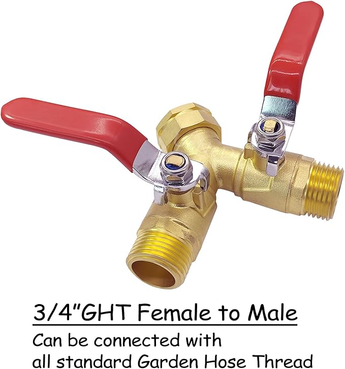 Brass Full Flow Garden Hose Splitter 3/4" GHT Heavy Duty 2 Way Y Valve Water Hose Shut Off Outdoor Faucet Splitter Connector Adapter with Long Handle