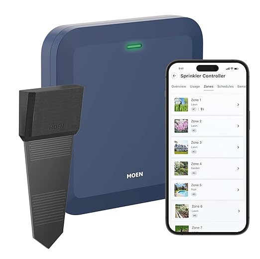 Moen 16-Zone Smart Sprinkler Controller, Wi-Fi Connectible Smart Irrigation System with Automatic Water Timer, WICNT016G1USA with 16 Moen Smart Wireless Soil Sensor
