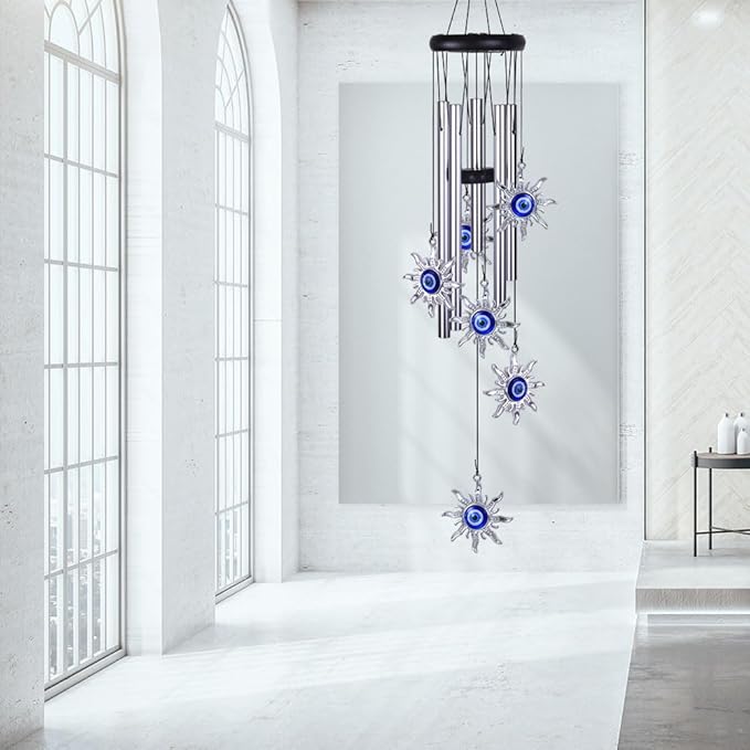 Blue Evil Eye Sun Wind Chimes Outdoor Decor, Mobile Sun Evil Eye Windcatcher, Evil Eye Sun Wind Bells, Sun Blue Evil Eye Amulet Wind Chimes for Home, Gift for Mom, Balcony, Patio, Garden Decoration