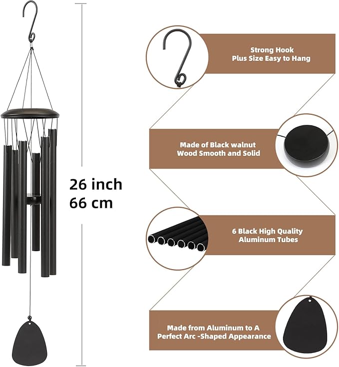 Aluminium Wind Chimes 26 Inches to Create a Zen Atmosphere Suitable for Outdoor, Garden, Patio Decoration. Classic Black Wind Chimes with Wind Catcher Suitable as A Gift for Unisex