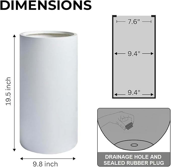19.5"H x 9.8"D Tubo Fiberstone Cylinder Tall Planter with Drainage Hole, Smooth Finishes, Weather Resistant for Indoor and Outdoor Use, Included 2 Extra Coco Mats (White, 8.2" Pot Opening)