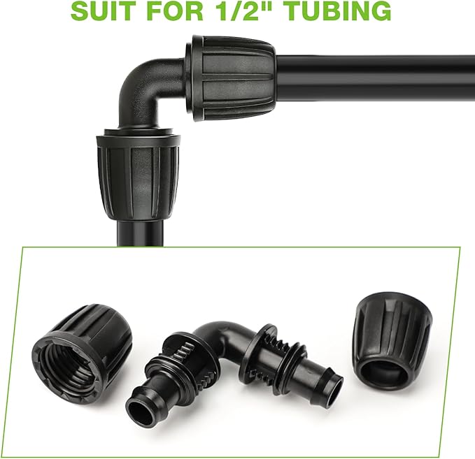 Bonviee 6 Pack 1/2” Drip Irrigation Elbow Connectors, 90° Barbed Lock Fittings for 1/2 Inch Tubing, Leak-Proof Corner Connector for Garden Hose Layout, Irrigation System Repair and Setup